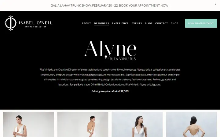 Website page titled ALYNE — Isabel O'Neil Bridal Collection