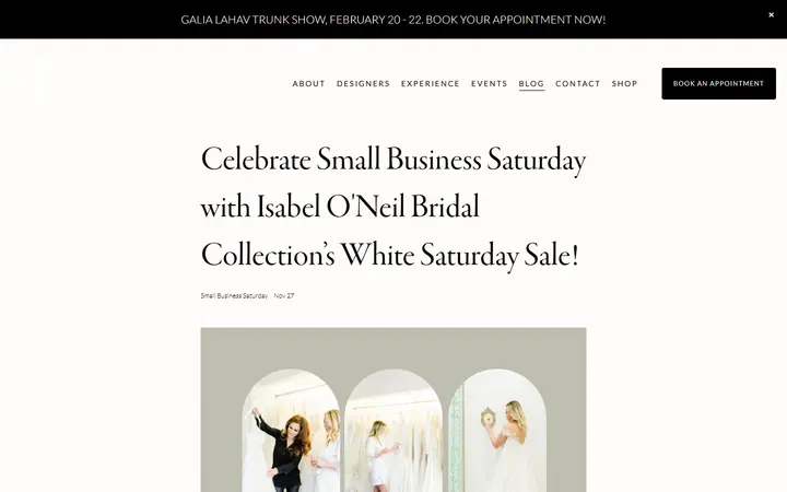Website page titled Celebrate Small Business Saturday with Isabel O'Neil Bridal Collection’s White Saturday Sale! — Isabel O'Neil Bridal Collection