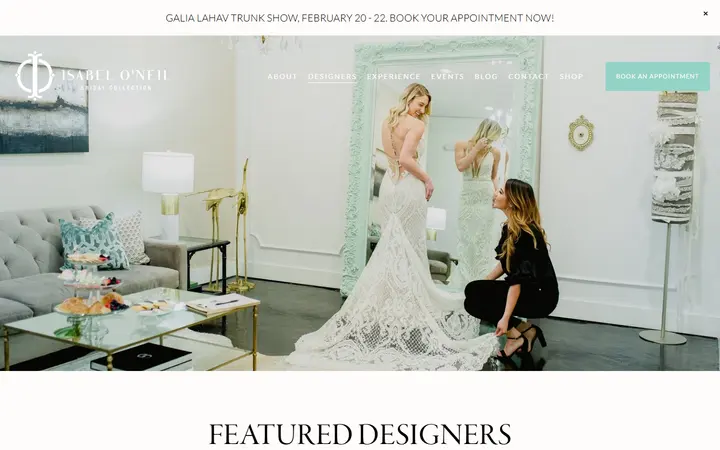 Website page titled Designers | Designer gowns at Isabel O’Neil Bridal Collection in South Tampa, FL — Isabel O'Neil Bridal Collection