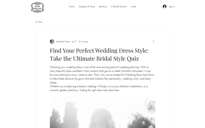 Website page titled Find Your Perfect Wedding Dress Style: Take the Ultimate Bridal Style Quiz