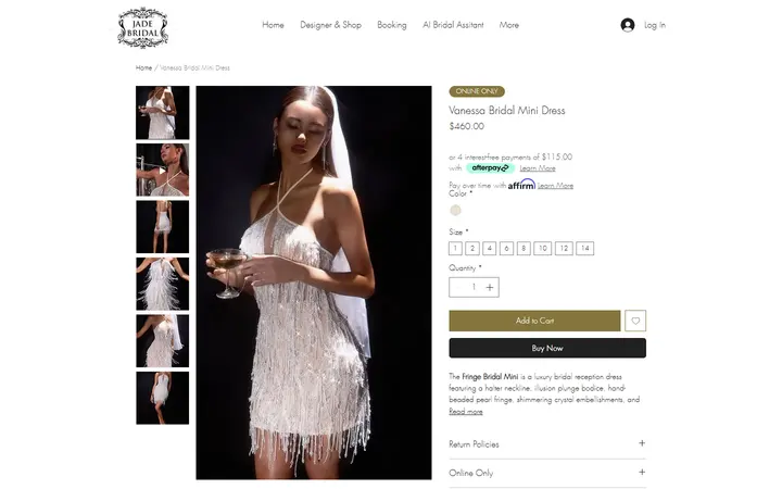 Website page titled Vanessa Bridal Mini Dress | Jade Bridal