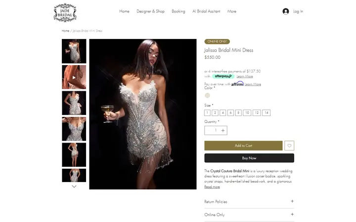 Website page titled Jalissa Bridal Mini Dress | Jade Bridal