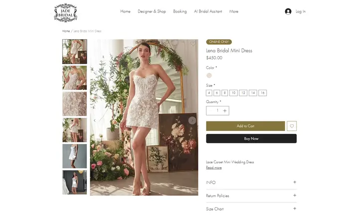 Website page titled Lena Bridal Mini Dress | Jade Bridal