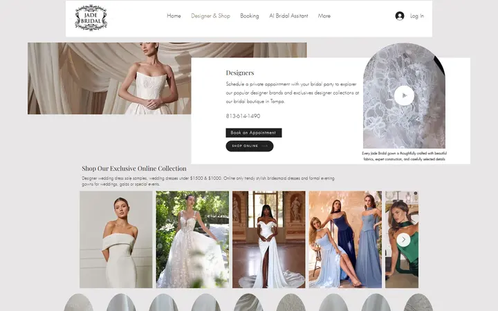 Website page titled Jade Bridal | Tampa bridal boutique offers designer gowns like Pronovias and more.