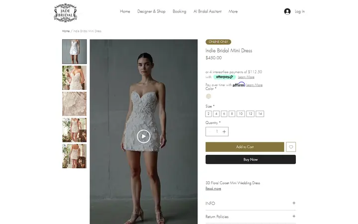 Website page titled Indie Bridal Mini Dress | Jade Bridal