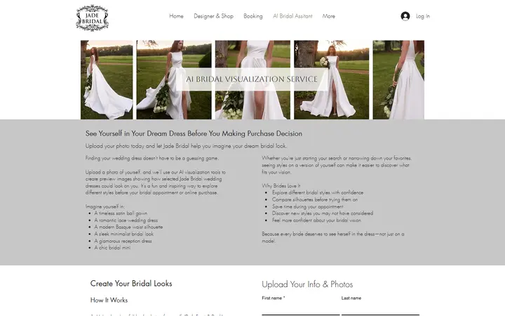 Website page titled Jade Bridal AI Bridal Assitant | See yourself in your dream dress using our AI visualization tools before you commiting to make online wedding dress purchase