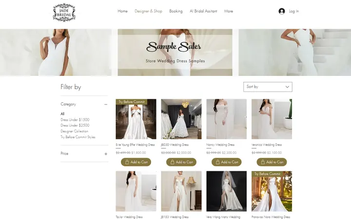 Website page titled Jade Bridal | Find Your Dream Designer Wedding Dress For Less