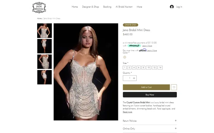 Website page titled Jena Bridal Mini Dress | Jade Bridal