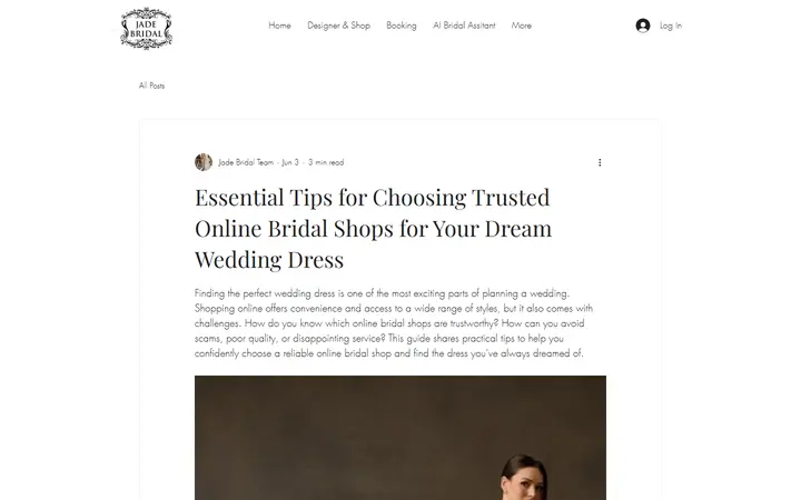 Website page titled Essential Tips for Choosing Trusted Online Bridal Shops for Your Dream Wedding Dress
