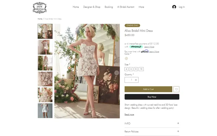 Website page titled Alisa Bridal Mini Dress | Jade Bridal
