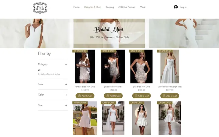 Website page titled Jade Bridal | Bridal Mini | Online Only