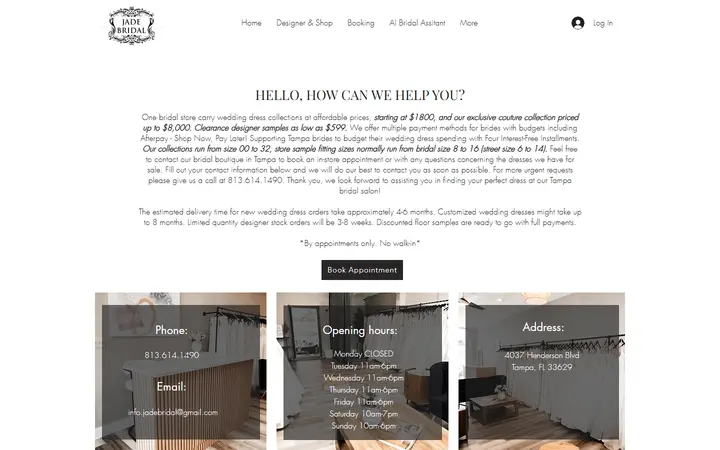 Website page titled Jade Bridal | Premium Tampa bridal shop offers luxury wedding dresses with a purpose through charity shopping.
