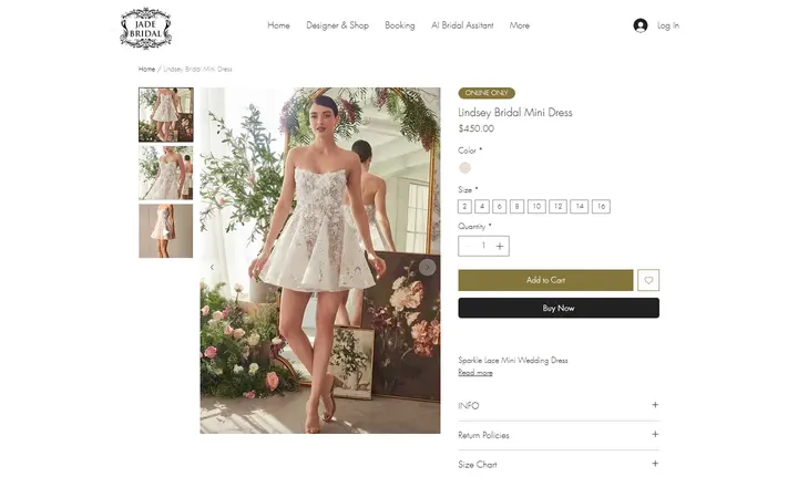 Website page titled Lindsey Bridal Mini Dress | Jade Bridal