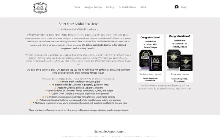 Website page titled Jade Bridal | Tampa bridal boutique offer luxury bridal service and ethical chairty bridal shopping.