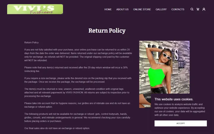 Website page titled Vivis Fashion Return Policy: Easy Exchanges & No Refunds