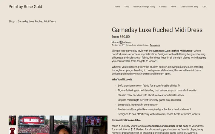 Website page titled Petal by Rose Gold | Boutique Gameday Fashion
