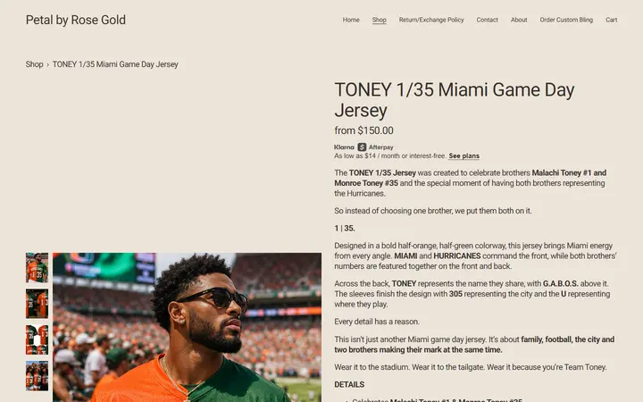 Website page titled Petal by Rose Gold | Boutique Gameday Fashion