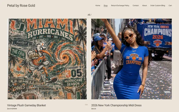 Website page titled New Arrivals — Petal by Rose Gold | Boutique Gameday Fashion