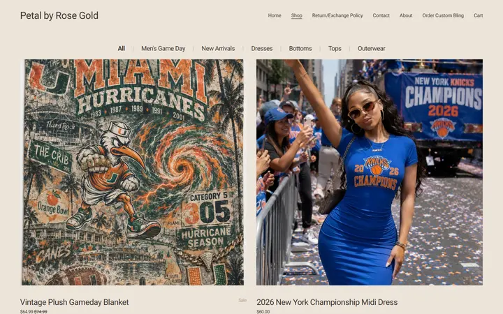 Website page titled Petal by Rose Gold | Boutique Gameday Fashion