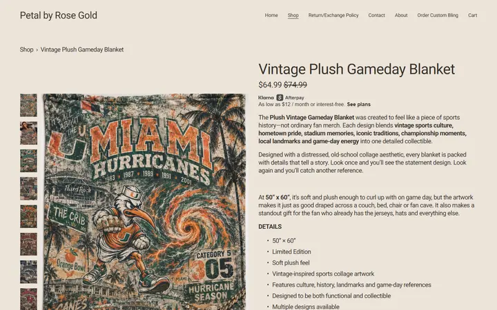 Website page titled Petal by Rose Gold | Boutique Gameday Fashion