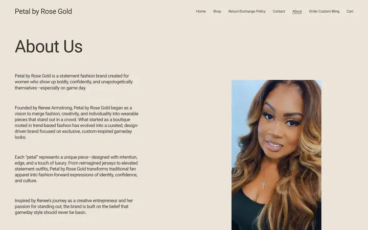 Website page titled Petal by Rose Gold | Boutique Gameday Fashion