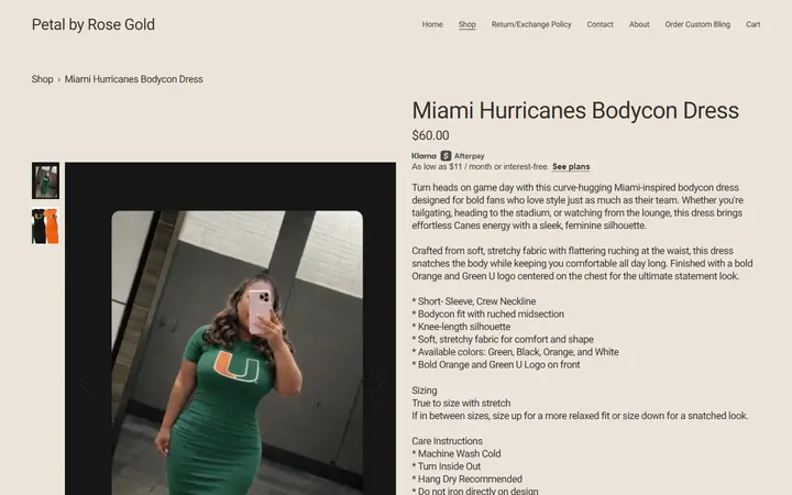 Website page titled Petal by Rose Gold | Boutique Gameday Fashion