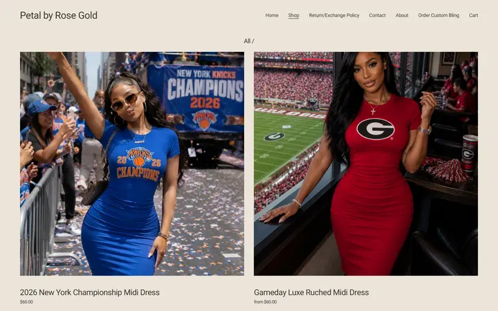 Website page titled Dresses — Petal by Rose Gold | Boutique Gameday Fashion