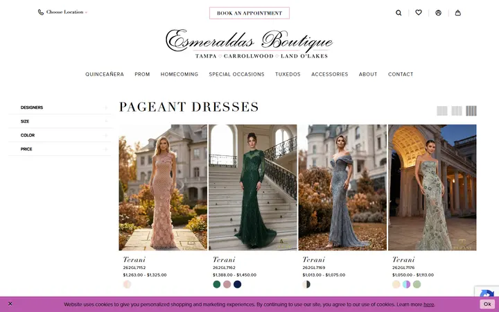 Website page titled Pageant Dresses | Esmeralda's Boutique