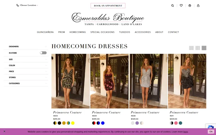 Website page titled Homecoming Dresses | Esmeralda's Boutique