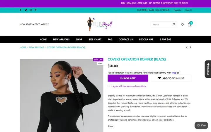 Website page titled Covert Operation Romper (Black) – Feelin' Myself Boutique