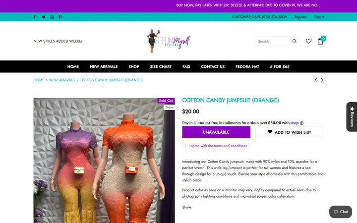 Website page titled Cotton Candy Jumpsuit (Orange) – Feelin' Myself Boutique