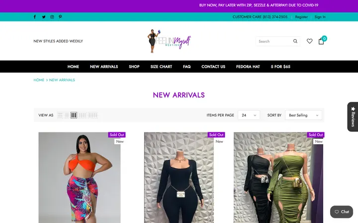Website page titled NEW ARRIVALS – Feelin' Myself Boutique