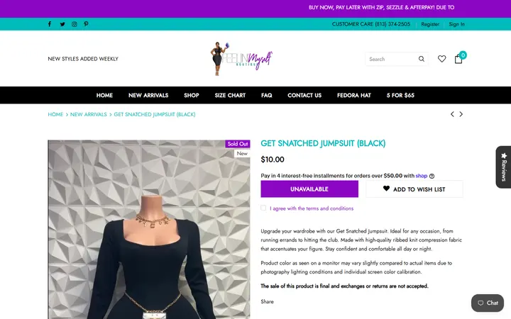Website page titled Get Snatched Jumpsuit (Black) – Feelin' Myself Boutique