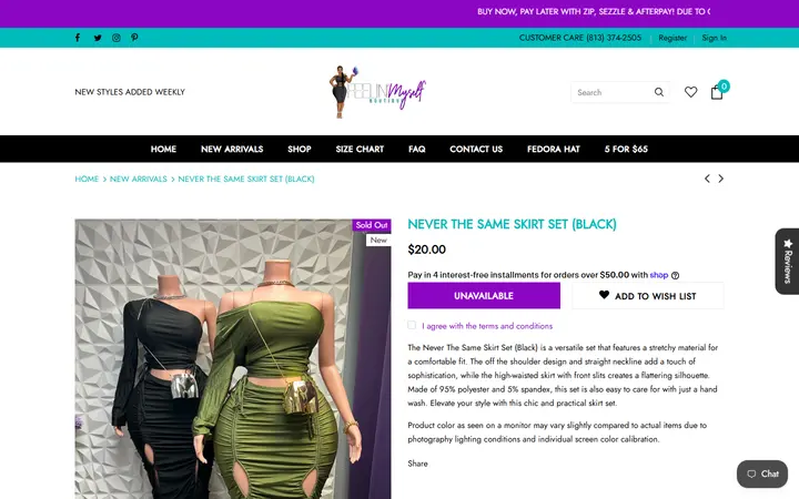 Website page titled Never The Same Skirt Set (Black) – Feelin' Myself Boutique