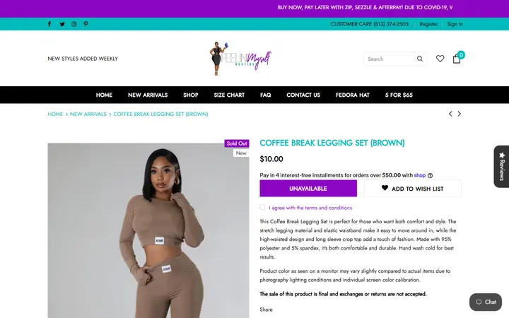 Website page titled Coffee Break Legging Set (Brown) – Feelin' Myself Boutique