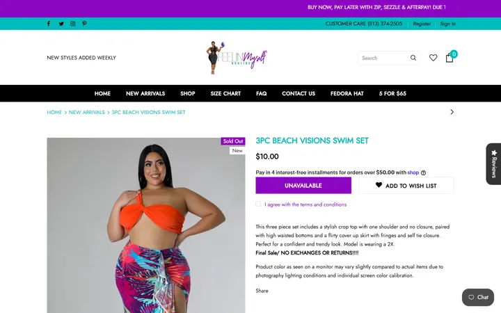 Website page titled 3pc Beach Visions Swim Set – Feelin' Myself Boutique