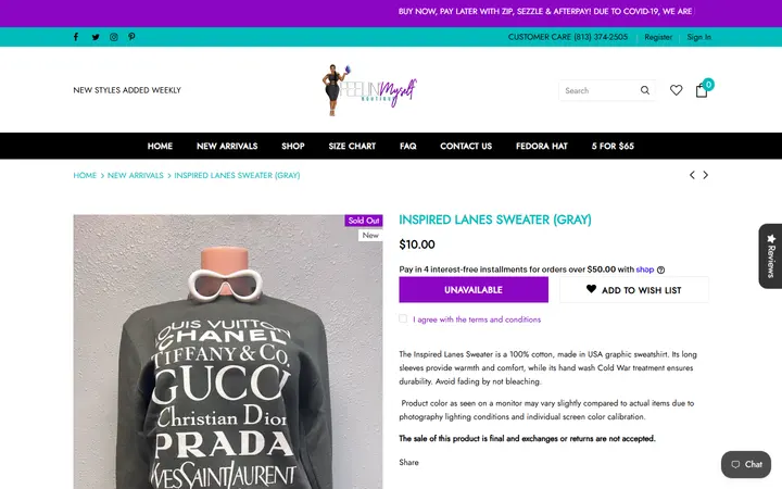 Website page titled Inspired Lanes Sweater (Gray) – Feelin' Myself Boutique