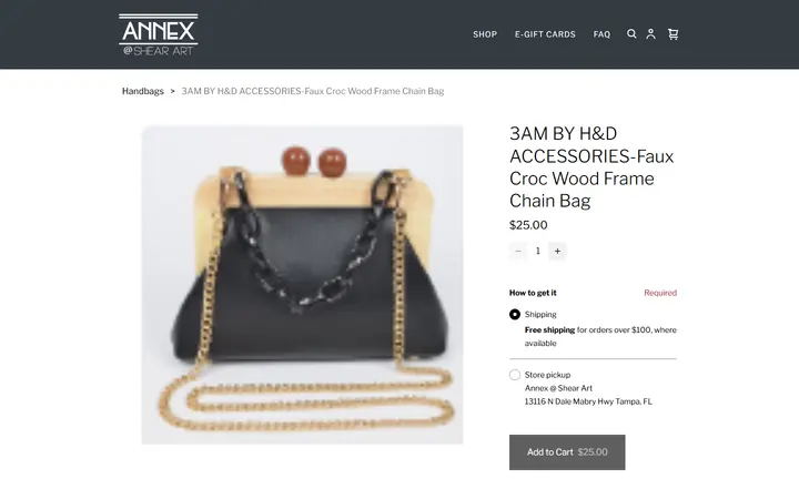 Website page titled 3AM BY H&D ACCESSORIES-Faux Croc Wood Frame Chain Bag | Best Boutique in Tampa