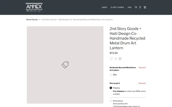 Website page titled 2nd Story Goods + Haiti Design Co- Handmade Recycled Metal Drum Art Lantern | Best Boutique in Tampa