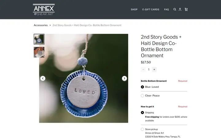 Website page titled 2nd Story Goods + Haiti Design Co- Bottle Bottom Ornament | Best Boutique in Tampa