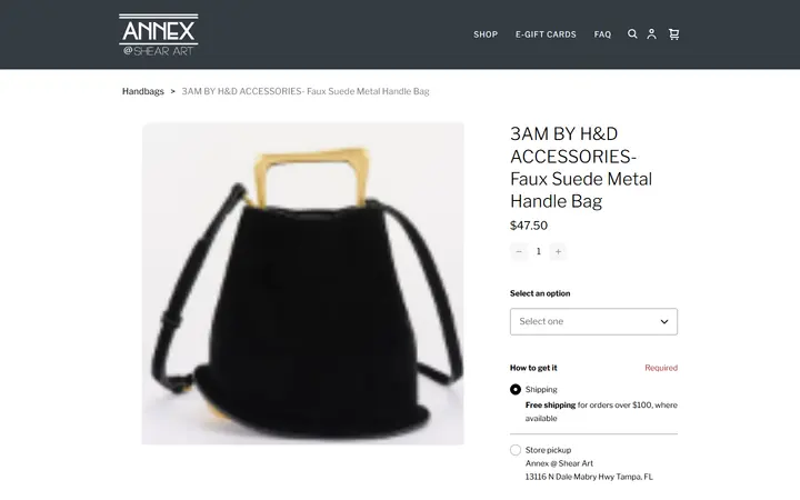 Website page titled 3AM BY H&D ACCESSORIES- Faux Suede Metal Handle Bag | Best Boutique in Tampa