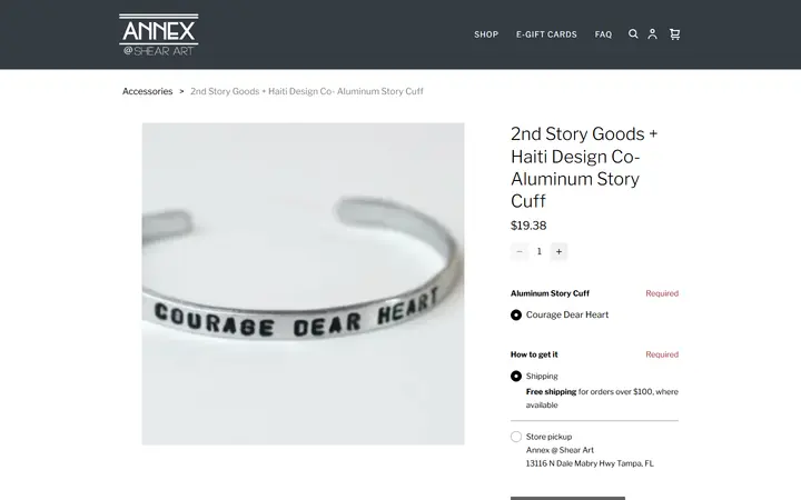 Website page titled 2nd Story Goods + Haiti Design Co- Aluminum Story Cuff | Best Boutique in Tampa
