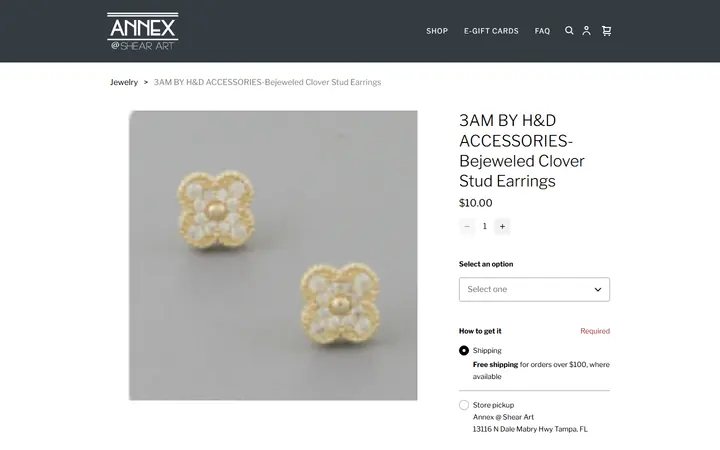 Website page titled 3AM BY H&D ACCESSORIES-Bejeweled Clover Stud Earrings | Best Boutique in Tampa