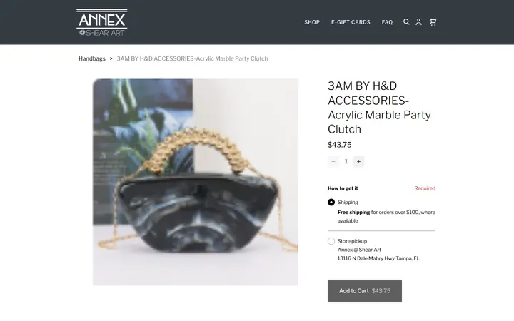 Website page titled 3AM BY H&D ACCESSORIES-Acrylic Marble Party Clutch | Best Boutique in Tampa