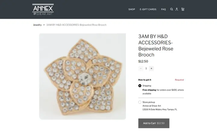 Website page titled 3AM BY H&D ACCESSORIES-Bejeweled Rose Brooch | Best Boutique in Tampa