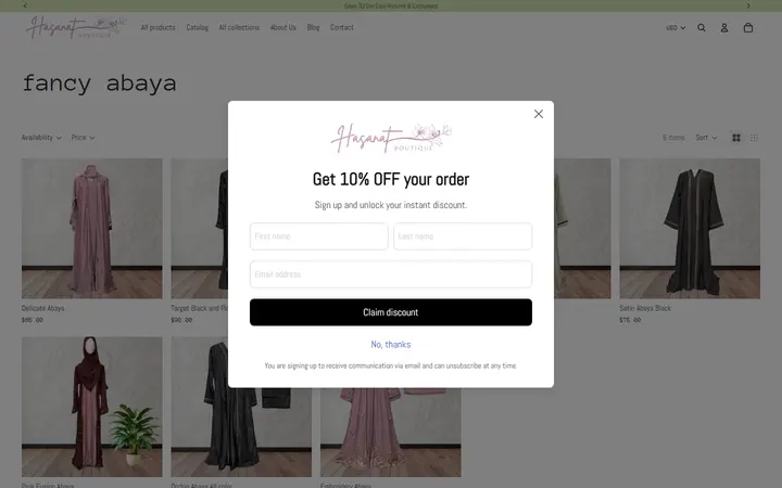 Website page titled fancy abaya – Hasanat Boutique