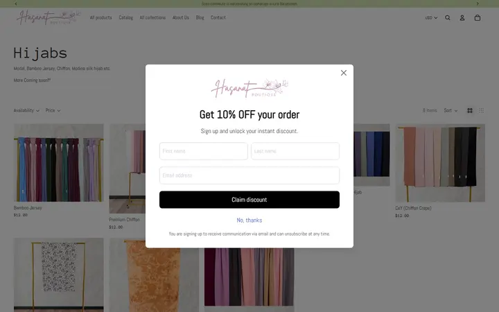 Website page titled Hijabs – Hasanat Boutique