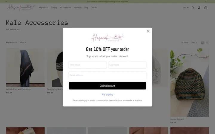 Website page titled Male Accessories – Hasanat Boutique