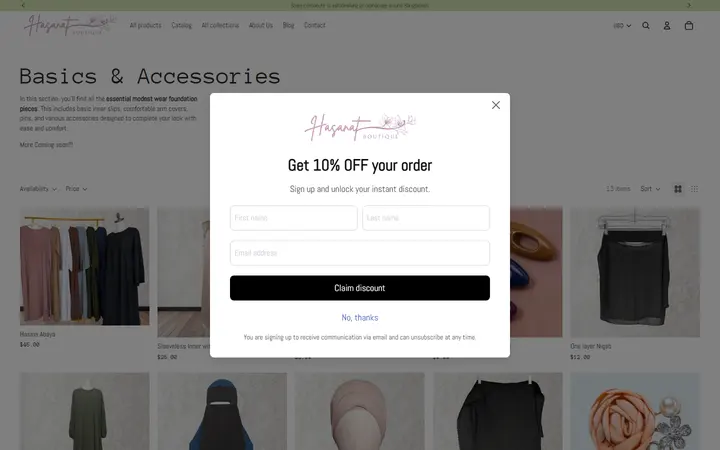 Website page titled Basics & Accessories – Hasanat Boutique