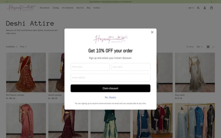 Website page titled Deshi Attire – Hasanat Boutique